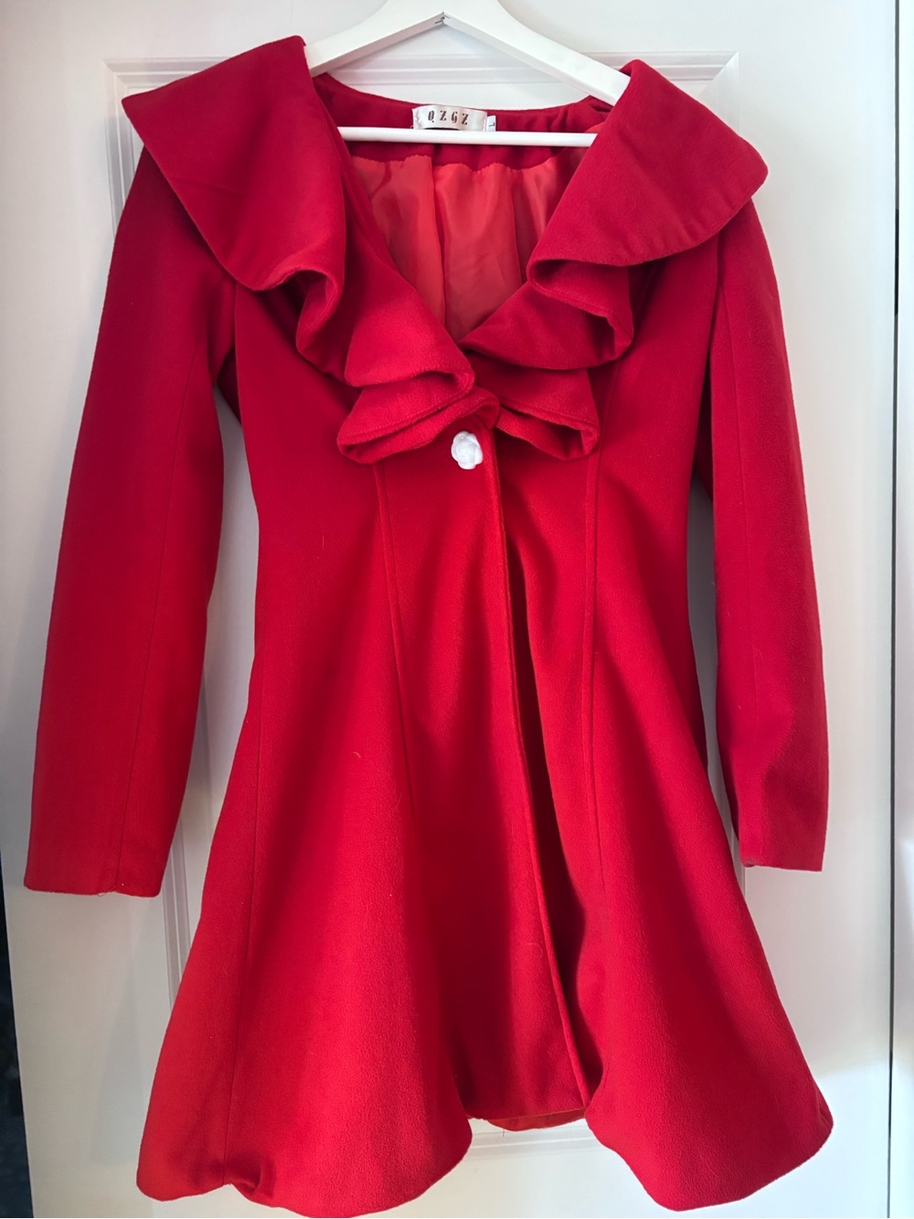 Girl’s Red Ruffled Fit-and-Flare Dress Coat with Rose Button Detail